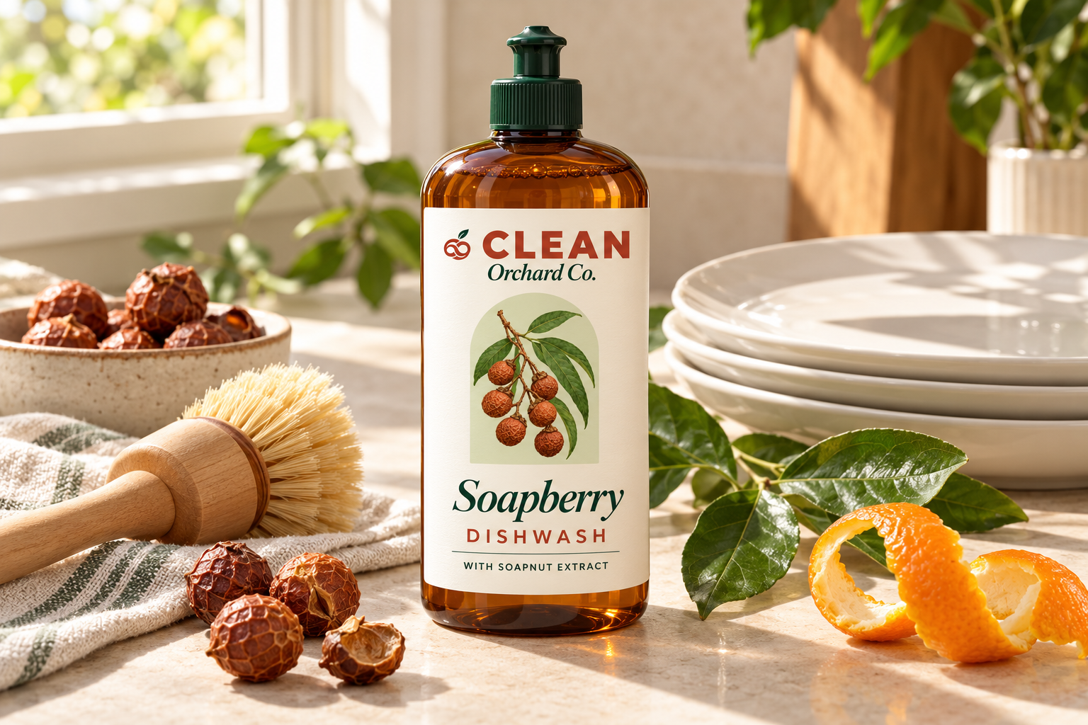 Illustrative Clean Orchard Soapberry Dishwash bottle on a kitchen counter