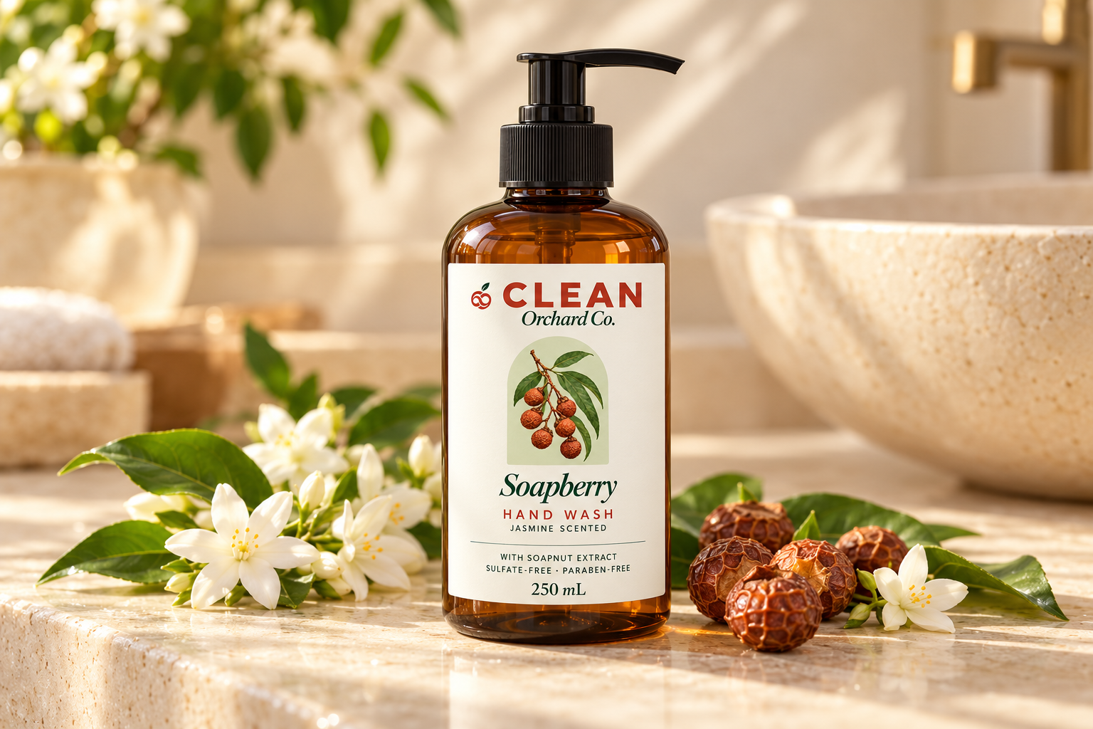 Clean Orchard jasmine hand wash bottle styled with soapberries and jasmine flowers
